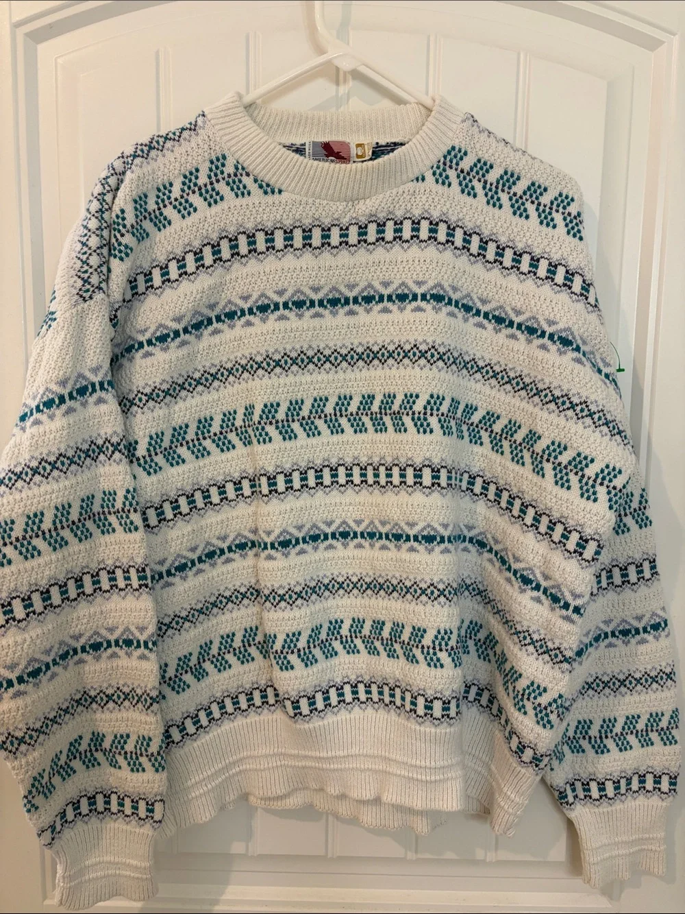 Vintage Men's Cream Crewneck Sweater with Teal Pattern Fair Isle